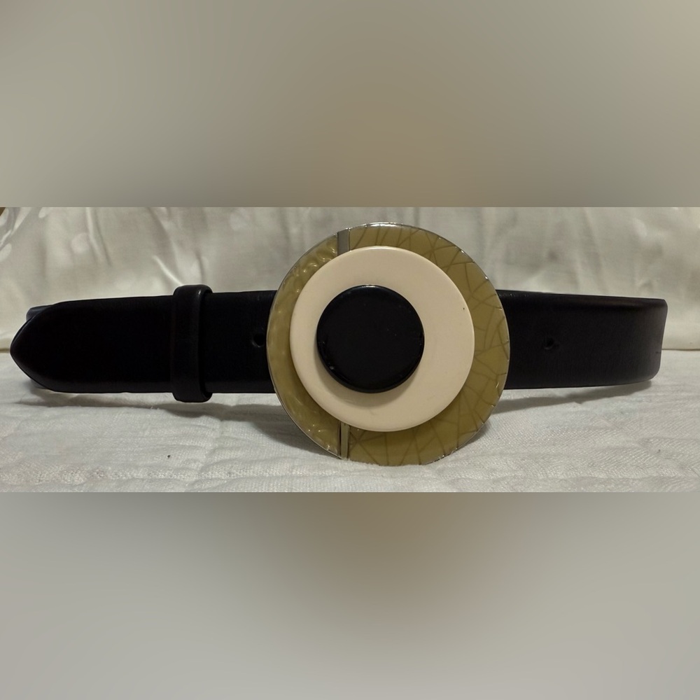RARE VTG Jaeger Black Leather Statement Belt | Retro Mod Buckle | Size Small